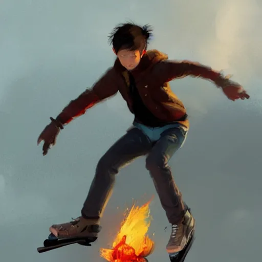 Image similar to skating down a hill on fire, trending on artstation, concept art, by Greg Rutkowski and Krenz Cushart and Pan_Ren_Wei and Hongkun_st and Bo Chen and Enze Fu and WLOP and Alex Chow, golden ratio,