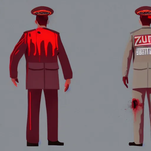 Image similar to ( floating in red spectral aura ) zombie police security guard officers ( beige uniform and caps ) wield ( uzis ) in ( brutalist concrete gray office ) trending on artstation high detail concept art digital painting 4 k 8 k hd