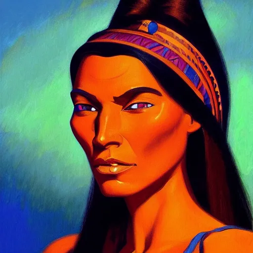 Prompt: portrait of pocahontas, expressive pose, Fauvism, highly detailed, digital painting, artstation, concept art, smooth, sharp focus, by Jean Auguste Dominique Ingres
