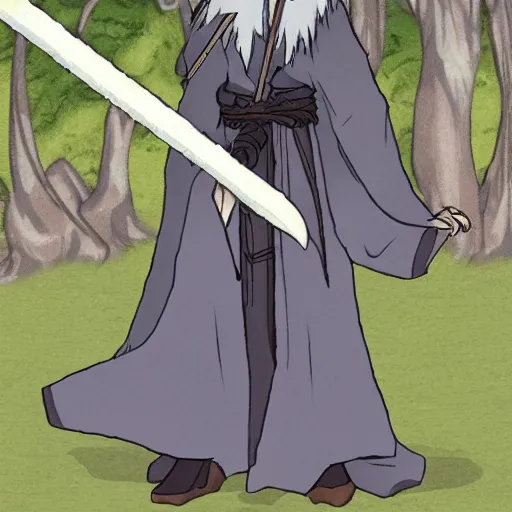 Prompt: A Half-orc Druid wearing a long grey fur robe, holding a wooden staff, anime style