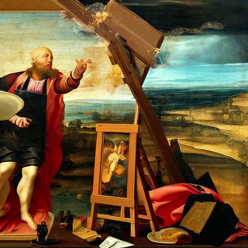 Prompt: a painter at his easel with his head exploding, renaissance painting