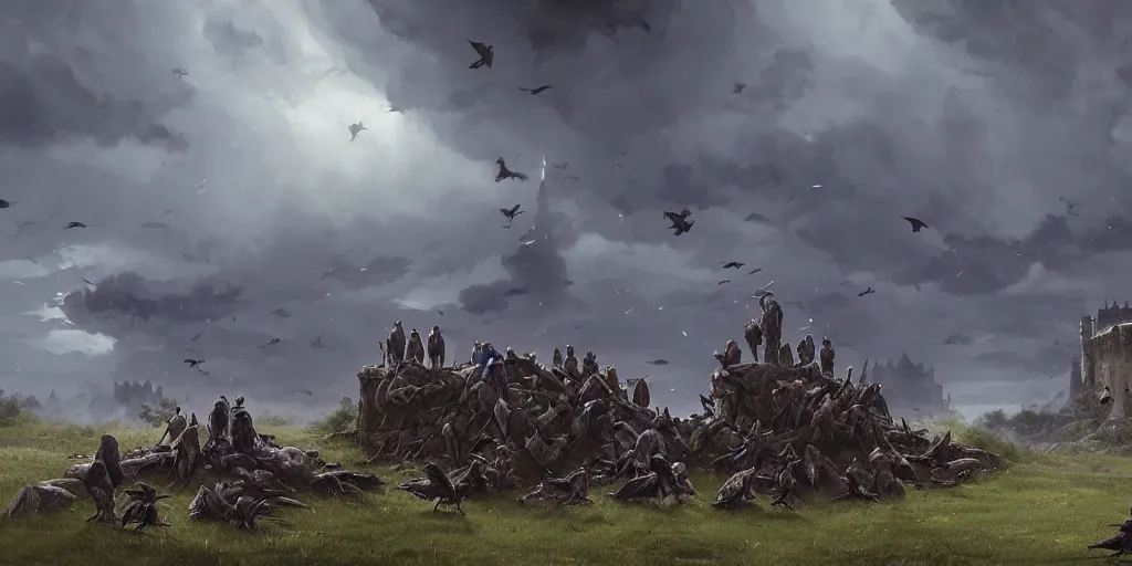 Image similar to A group of Ravens sit around a fallen solider, a medieval castle in the distance, dark fantasy, stormy sky, lightning, digital art by Greg Rutkowski and Studio Ghibli