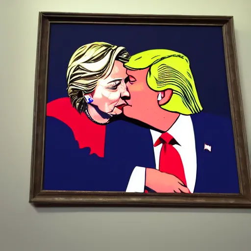 Image similar to realistic portrait of Donald trump kissing Hillary Clinton, hyperrealistic