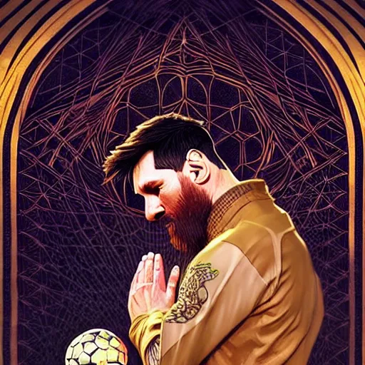 Image similar to lionel messi praying like a muslim, d & d, fantasy, intricate, elegant, highly detailed, digital painting, artstation, concept art, matte, sharp focus, illustration, art by artgerm and greg rutkowski and alphonse mucha