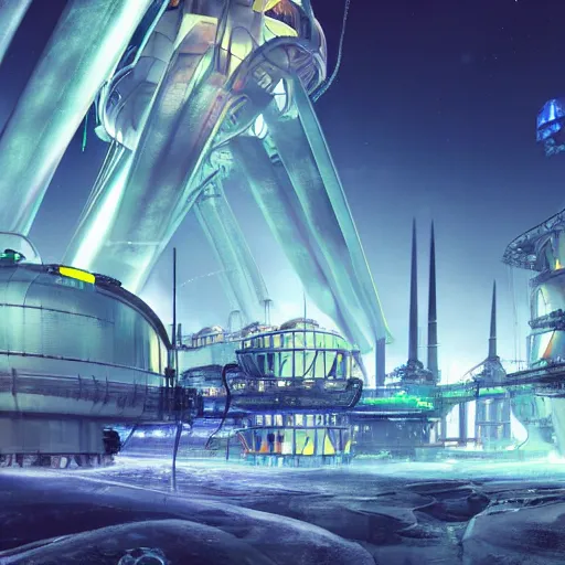 Prompt: industrial futuristic ice mine, with spaceships in the sky, long exposure, neon signs, tall shard structure in the centre of the background, cinematic, epic, 4 k, concept art by feng zhu