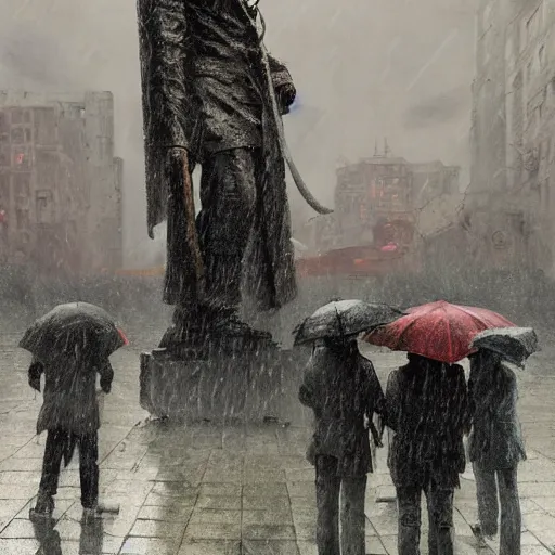 Image similar to a highly detailed epic cinematic concept art CG render digital painting artwork: close up of a melted socialist monument in the rain. Soviet, gloomy, night. By Greg Rutkowski, Ilya Kuvshinov, WLOP, Stanley Artgerm Lau, Ruan Jia and Fenghua Zhong, trending on ArtStation, made in Maya, Blender and Photoshop, octane render, excellent composition, cinematic atmosphere, dynamic dramatic cinematic lighting, aesthetic, very inspirational, arthouse