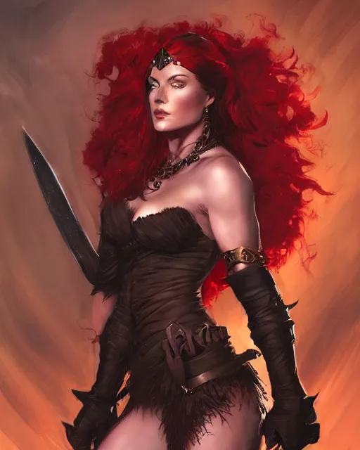 Prompt: a stunning portrait of red sonja wearing a black dress, digital art by frank frazetta and julie bell and artgerm and ross tran and angel ganev, medium shot portrait, highly detailed, trending on artstationhq