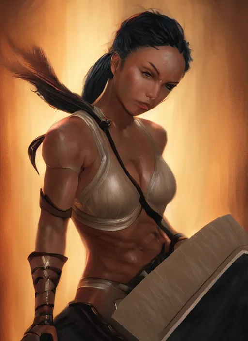 Image similar to An epic fantasy comic book style portrait painting of a tan woman with black hair in a pony tail and serious eyes sitting on a large chair, unreal 5, DAZ, hyperrealistic, octane render, cosplay, RPG portrait, dynamic lighting