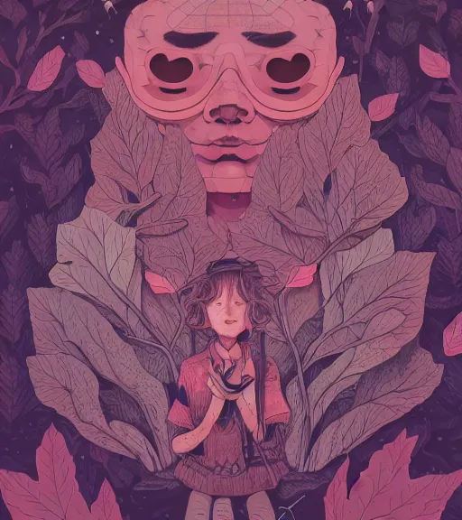 Prompt: portrait, nightmare anomalies, leaves by miyazaki, violet and pink palette, illustration, kenneth blom, mental alchemy, james jean, pablo amaringo, naudline pierre, contemporary art, hyper detailed