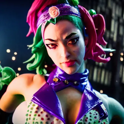 Image similar to cinematic scene with jolyne from jojo's bizarre adventure, live action film, stone ocean, dramatic, small details, volumetric lighting, still frame