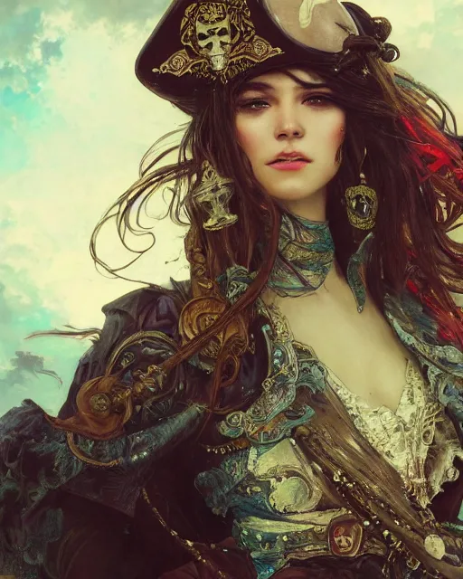 Image similar to a beautiful close up portrait of a pirate sitting with elegant looks, leather clothing, ornate costume and flowing magic all around, intricate and soft by ruan jia, tom bagshaw, alphonse mucha, krenz cushart, beautiful pirate ruins in the background, epic sky, vray render, artstation, deviantart, pinterest, 5 0 0 px models