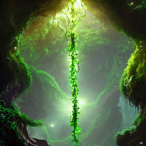Image similar to looking into lush cave with glowing emeralds and vines hanging from the ceiling, sharp focus, cinematic light, artgerm, cgsociety, highly detailed