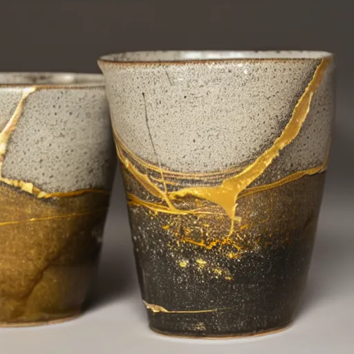 Image similar to photo of a cracked ceramic cup repaired with gold, kintsugi, beautiful, cinematic, high detail,