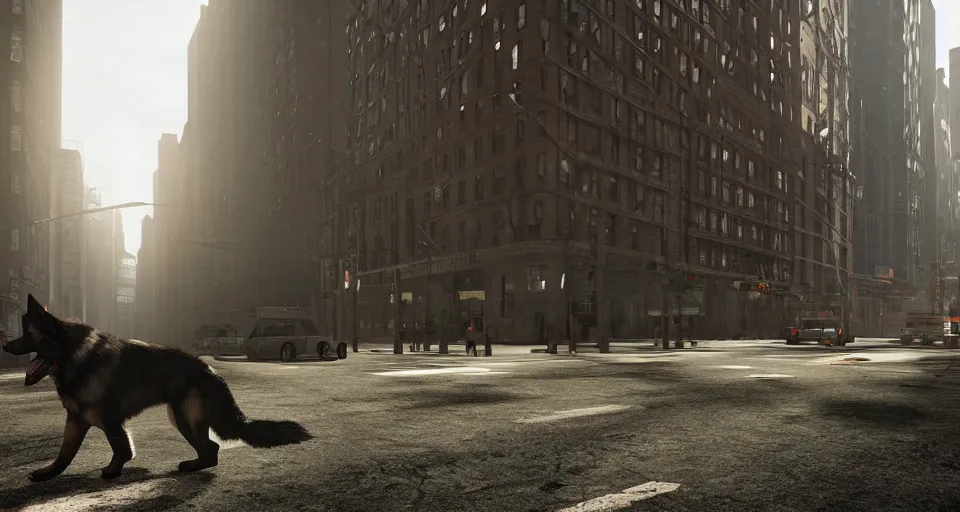 Prompt: the german shepherd of i am legend in new york, comic style of max payne, octane render, unreal engine, sundown, empty streets