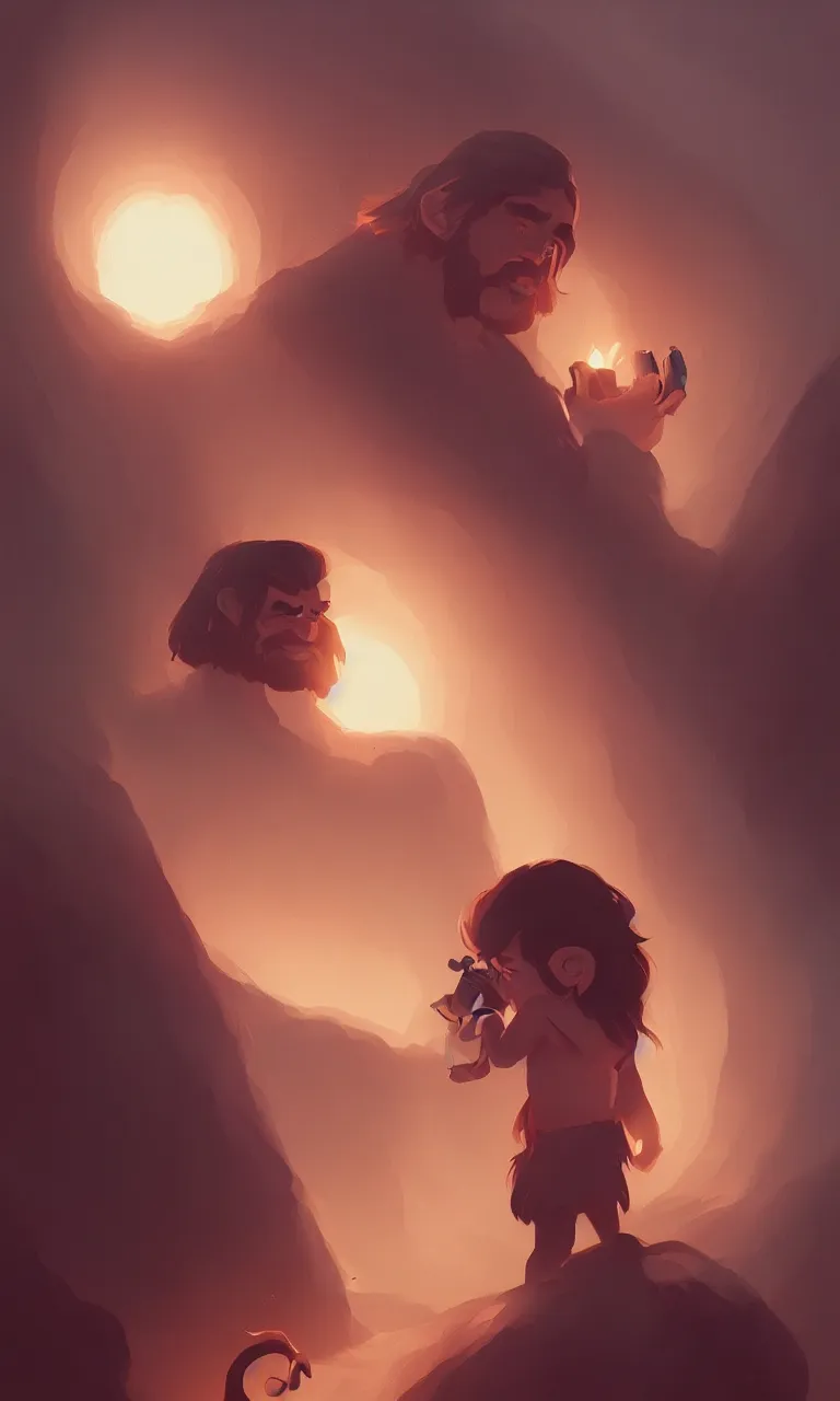 Image similar to a caveman using an iphone, ambient lighting, 4k, lois van baarle, ilya kuvshinov, rossdraws, artstation