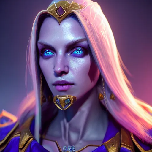 Image similar to ( ( ( ( ( hyperrealist distant portrait of empress sylvanas windrunner on a blue planet where it rains colors. ) ) ) ) ) by bayard wu, fantasy, photorealistic, octane render, unreal engine, dynamic lighting, trending on artstation, poster, volumetric lighting, very detailed faces, 4 k, award winning