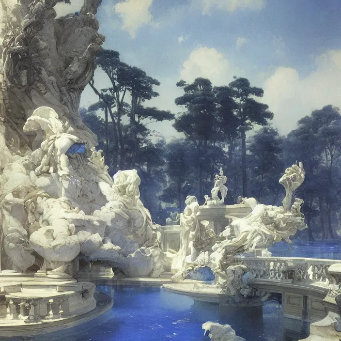 Prompt: gardens of marble draped in flowing sheets of cobalt blue satin and silver satin, by ivan aivazovsky and syd mead and moebius and gaston bussiere and roger dean and pieter claesz and paul delaroche and alma tadema and august malmstrom and willem claesz heda and aelbert cuyp, hyperrealistic, volumetric light, octane render