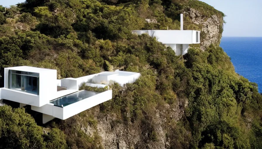 Image similar to modern house perched on a cliff overlooking a magnificient bay, drawing architecture, pritzker architecture prize, greig fraser