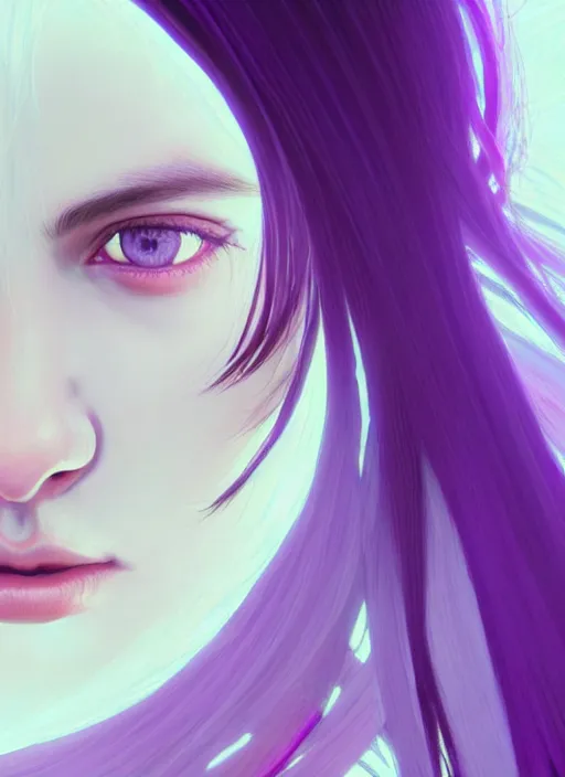 Image similar to hair whitebangs hair, black hair, whitebangs, portrait of teenage girl with white bangs, red irises, purple clothes, white bangs, bangs are different color from hair, intricate, elegant, glowing lights, highly detailed, digital painting, artstation, concept art, smooth, sharp focus, illustration, art by wlop, mars ravelo and greg rutkowski