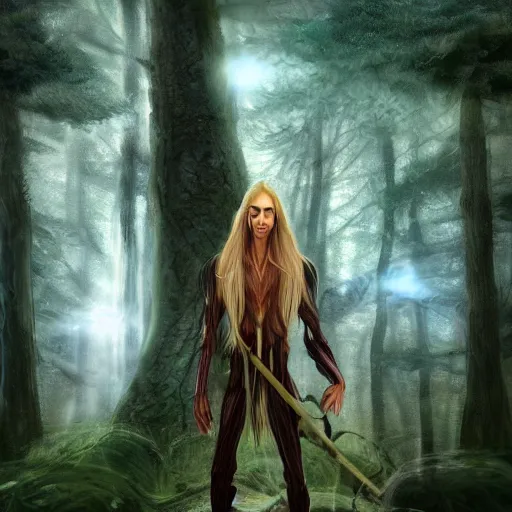 Image similar to A tall slim male wood elf fungus druid posing in a mystical forest, long blonde hair, fungi, glowing, wooden armor, magical, fantasy, medieval, highly detailed, dynamic lighting, cinematic, dramatic, sharp focus, focus on face, masterpiece, trending on artstation, concept art, digital painting