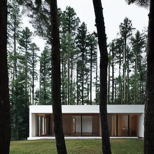 Image similar to “ large openings frame views of the villa's positioning amidst a fir - tree woodland. ”