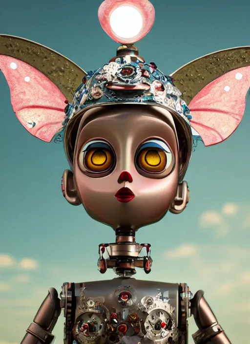 Image similar to closeup profile portrait of tin toy robot fairy, depth of field, zeiss lens, detailed, symmetrical, centered, fashion photoshoot, by nicoletta ceccoli, mark ryden, lostfish, breathtaking, 8 k resolution, extremely detailed, beautiful, establishing shot, artistic, hyperrealistic, octane render
