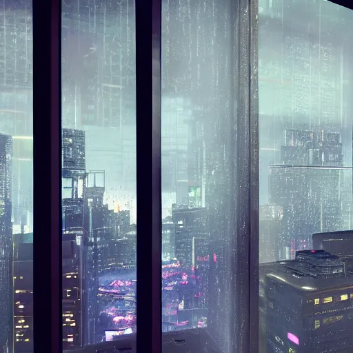 Prompt: looking outside through the glass wall of a penthouse suite at the top of the highest skyscraper in the middle of a cyberpunk city at night in rain, very detailed, beeple, makoto shinkai, trending on artstation