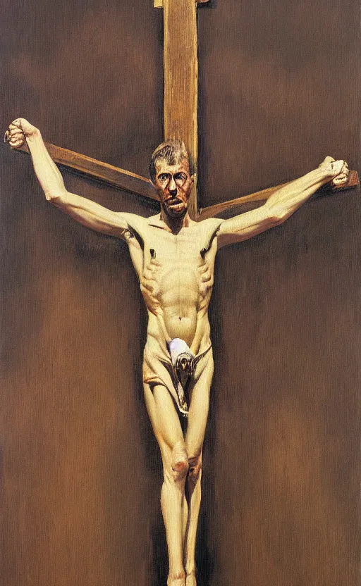 Prompt: Oil painting of a man in a business suit crucified on a wooden cross by Lucian Freud, Abstract brush strokes, Masterpiece, Edward Hopper and James Gilleard, Zdzislaw Beksinski, Mark Ryden, Wolfgang Lettl highly detailed, hints of Yayoi Kasuma