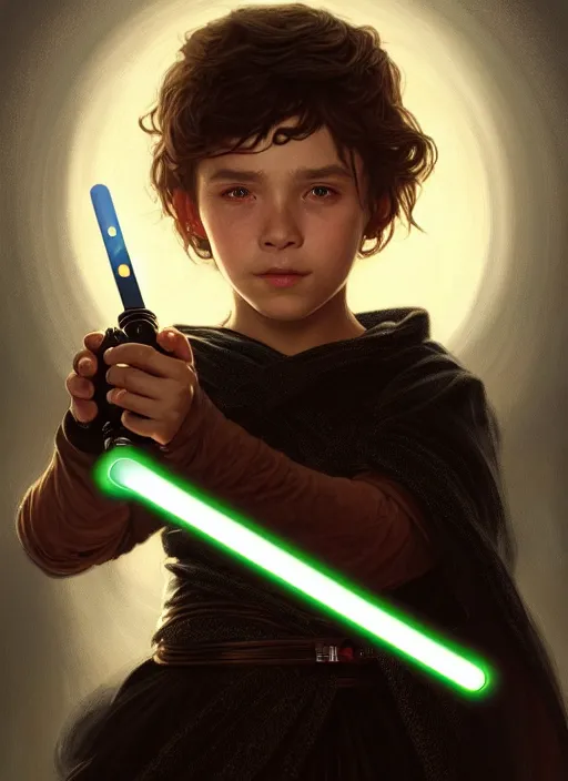 Image similar to perfectly - centered - portrait of a kid wearing black cloak holding light saber, intricate, highly detailed, digital painting, artstation, concept art, smooth, sharp focus, illustration, unreal engine 5, 8 k, art by artgerm and greg rutkowski and alphonse mucha