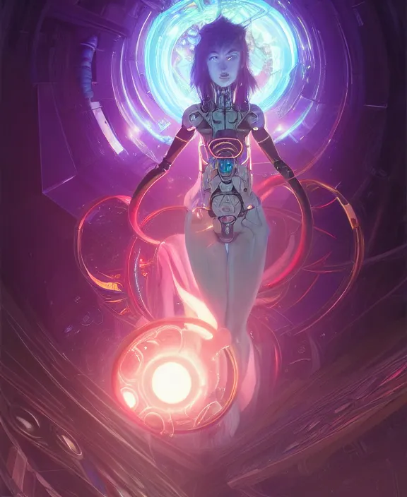 Image similar to whirlwind souls rushing inside metaverse, half body, glowin eyes, tiara, robotic, android, cyborg, cyberpunk face, by loish, d & d, fantasy, intricate, elegant, highly detailed, colorful, vivid color, digital painting, artstation, concept art, art by artgerm and greg rutkowski and alphonse mucha and ruan jia