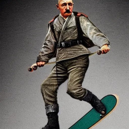 Prompt: hitler riding a skateboard, realistic, detailed by da vinci