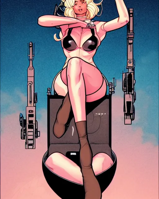 Prompt: comic cover art of a seductive girl sitting on a missile, inspired by gunsmith cats and tank girl, illustration by jenny frison and sana takeda, intricate details, stunning inking lines, stunning gradient colors, 4 k, hd, artstation
