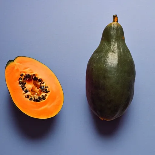 Image similar to a papaya fruit with muscles, dressed as a sailor