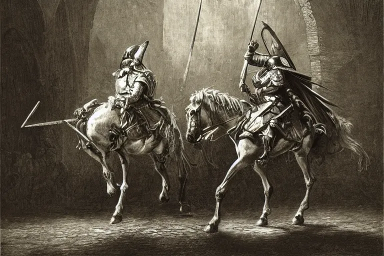 Prompt: highly detailed picture of the knight emerges from the open page of the book, don quixote comes out of an open old book on the table, symmetrical face, cinematic romantic magical, masterpiece, from the book by gene wolfe, highly detailed painting by gustave dore