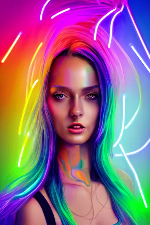 Image similar to a award winning half body portrait of a beautiful woman with stunning eyes in a croptop and cargo pants with rainbow colored ombre hairstyle head in motion and hair flying by thomas danthony, surrounded by whirling illuminated neon lines, outrun, vaporware, shaded flat illustration, digital art, trending on artstation, highly detailed, fine detail, intricate