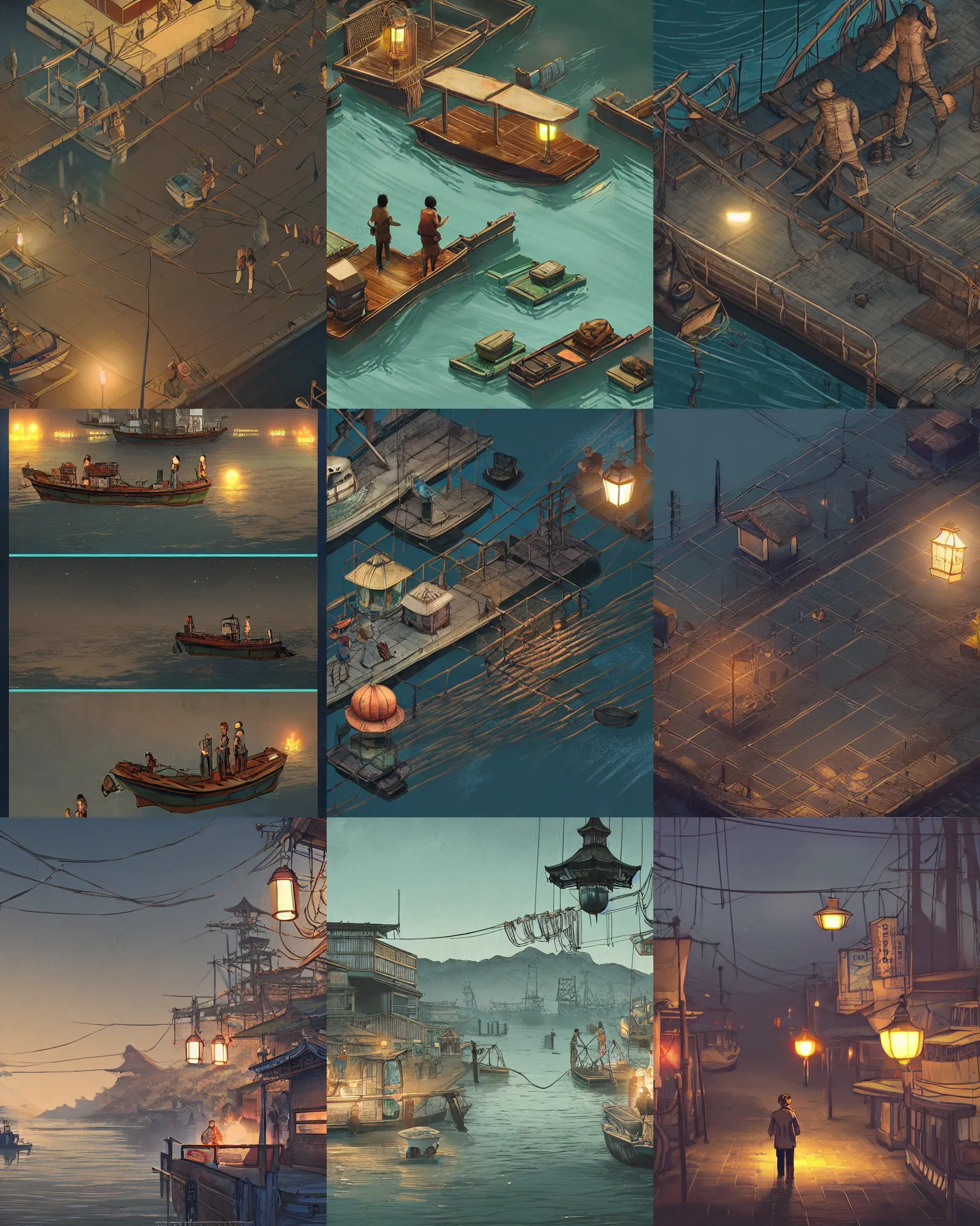 Prompt: style : disco elysium. composition : long shot. key words : digital art ; detailed ; 4 k. scenery : a japanese harbor. subject : fishermen are wandering around. details : at night ; lanterns in the streets.