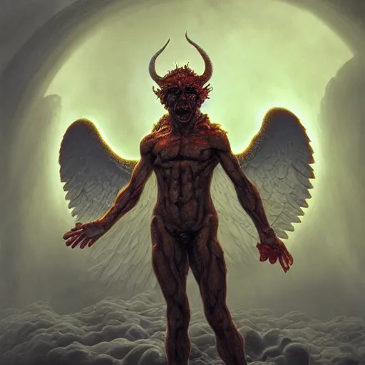 Image similar to photorealistic demon angel in the style of michael whelan and gustave dore. hyperdetailed photorealism, 1 0 8 megapixels, amazing depth, glowing rich colors, powerful imagery, psychedelic overtones, 3 d finalrender, 3 d shading, cinematic lighting, artstation concept art