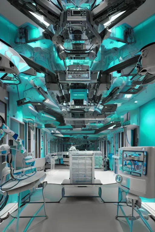 Prompt: interior of robotic medical facility, mecha, teal, highly detailed, low light, horror theme