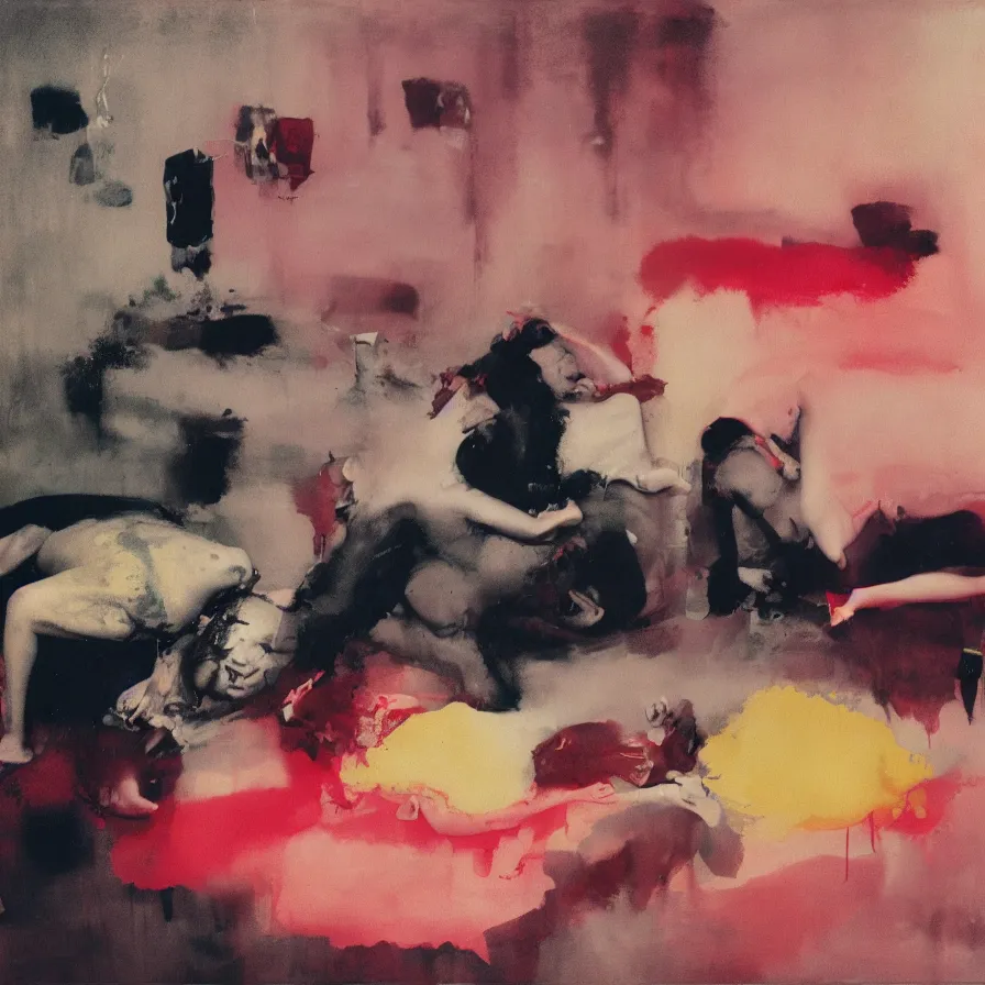 Prompt: lovers melting collapsed in a the bedroom void, beds, spasms, college girls, couches vibrating with bodies and melting, polaroid, Adrian Ghenie, 8k, Peter Doig, Mark Rothko, influence of Edward Hopper, Todd Hido photography, American gothic, melting paint drips