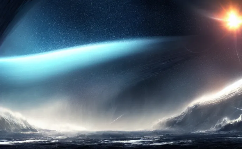 Image similar to a scene from the movie interstellar, giant wave on another world, anime scenery, digital art, 4k