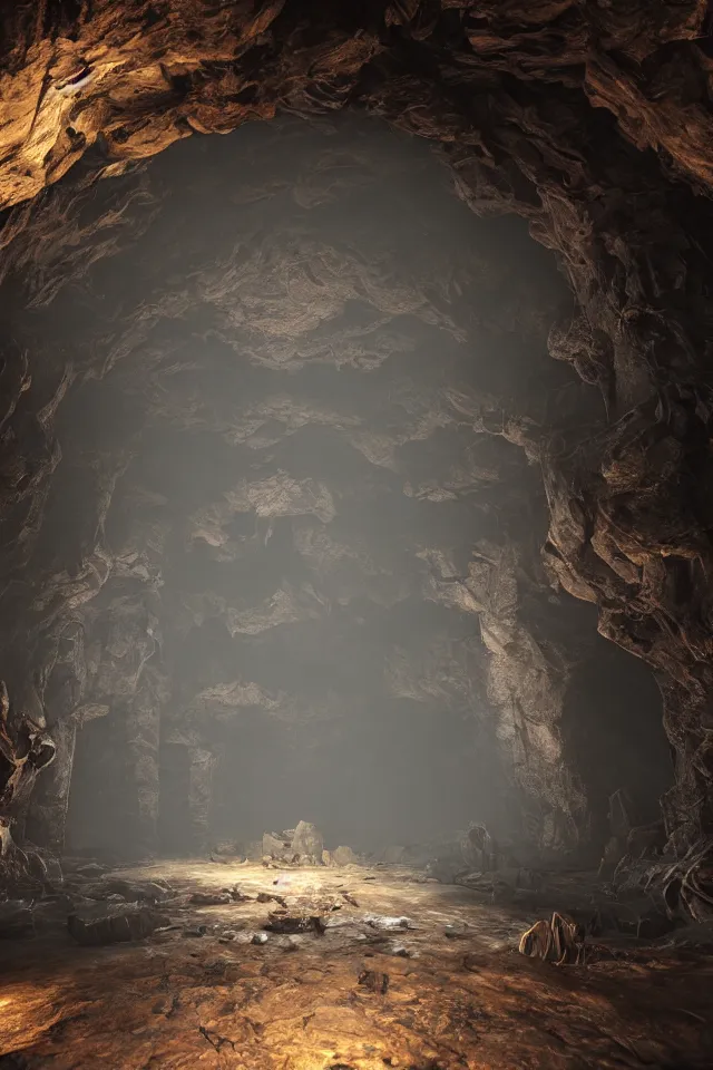 Prompt: the underground cave has a huge bronze door, bronze material, dark and spectacular atmosphere ， super wide angle ， matte painting ， rtx on ， trending on cgsociety and artstation, unreal engine ， volumetric light ， surreal