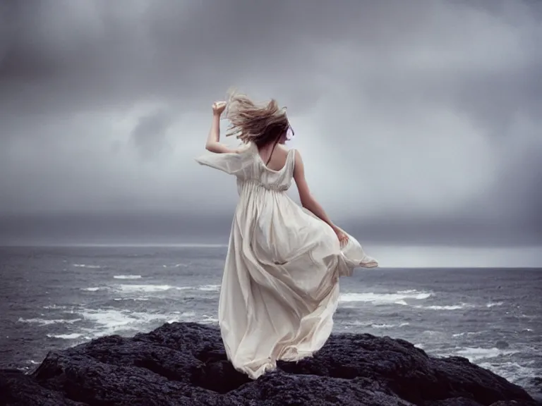 Image similar to cinestill 5 0 d photography of a woman britt marling 3 / 4 style of nicholas fols, 2 0 0 mm, dress in voile, hair like dark clouds floating on air, mute dramatic colours, soft blur outdoor stormy sea background, volumetric lighting, hyperdetailed, hyperrealistic