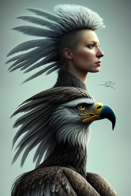 Image similar to epic professional digital art of attractive female human - eagle hybrid animal, wearing human air force jumpsuit, humanoid feathered head, eagle beak, by lisa roet, sam leach, leesha hannigan, wayne haag, artstation, cgsociety, epic, much wow, much detail, gorgeous, detailed, cinematic, masterpiece