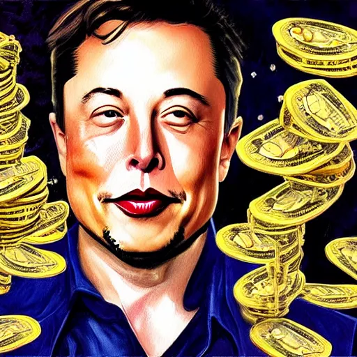 Prompt: painting of Elon Musk swimming in money and gold