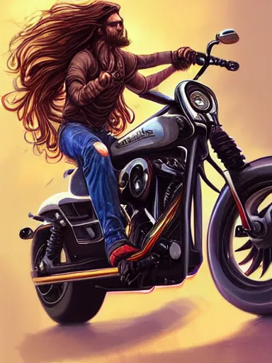 Image similar to handsome man with long hair riding a harley davidson. intricate, elegant, highly detailed, digital painting, artstation, concept art, sharp focus, illustration, by justin gerard and artgerm, 8 k