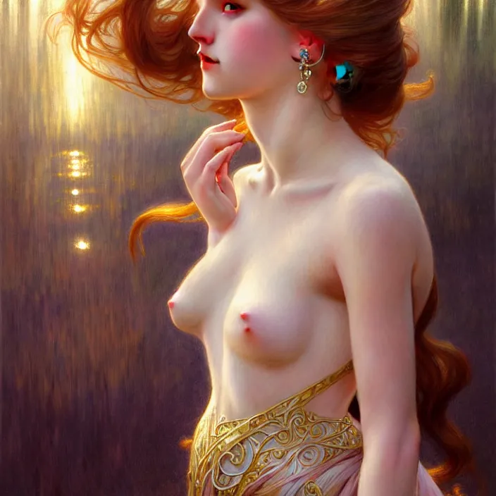 Image similar to princess, lake, symetrical, diffuse lighting, fantasy, intricate, elegant, highly detailed, lifelike, photorealistic, digital painting, artstation, illustration, concept art, 4 k, smooth, sharp focus, art by john collier and albert aublet and krenz cushart and artem demura and alphonse mucha