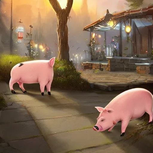 Prompt: this place is truly beautiful and the atmosphere is buzzing the town lights are glowing particularly brightly tonight all these pigs look beautiful, trending on artstation,