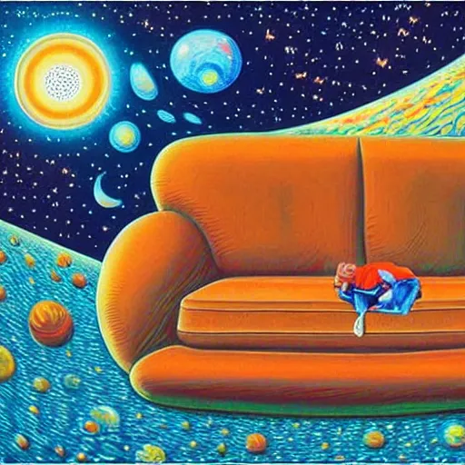 Image similar to psychedelic trippy couch in space, planets, milky way, sofa, cartoon by rob gonsalves