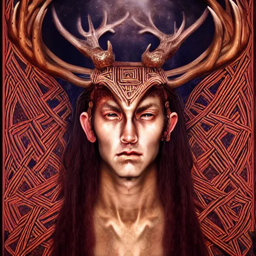 Image similar to Dramatic portraiture of Uuen, the Pictish god of stags, mixed media, trending on ArtStation, by Jim Valentino and ArtGerm and Lucian Freud, luminism