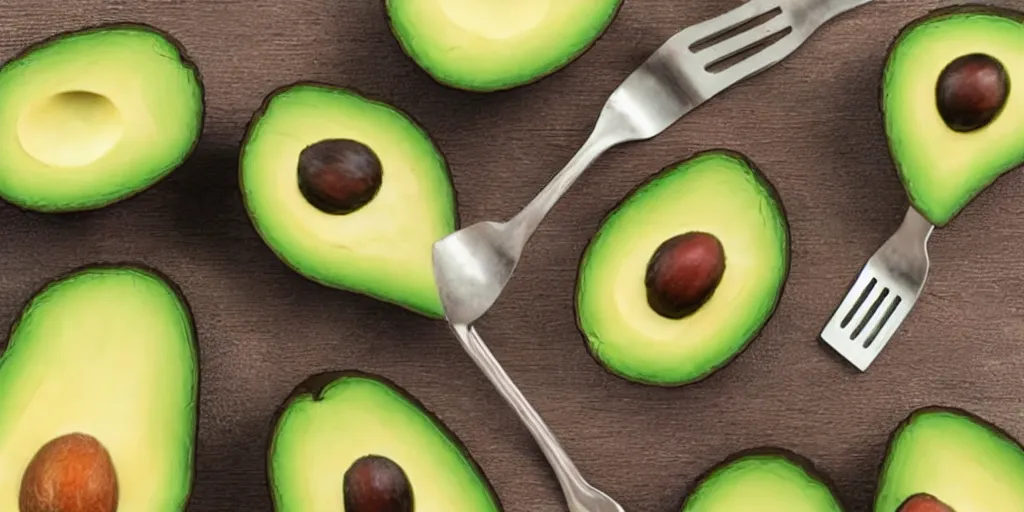 Image similar to robot with avocado head and cute eyes that has forks instead of arms